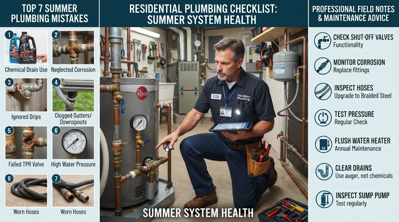 A master plumber inspecting residential pipes and water heater connections to prevent common summer plumbing mistakes.