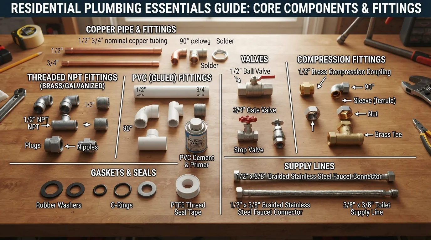Close-up of a DIYer sorting various plumbing parts, including copper pipes, PVC fittings, slip nuts, and braided supply lines on a workbench.
