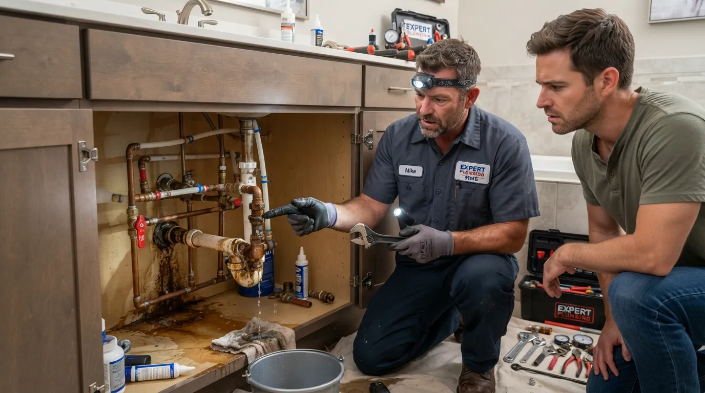 Professional plumber inspecting a severe plumbing issue while a homeowner reviews repair options.