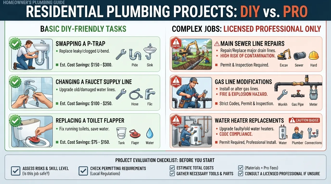 Infographic comparing DIY plumbing tasks versus jobs requiring a licensed plumber, permits, and cost considerations.