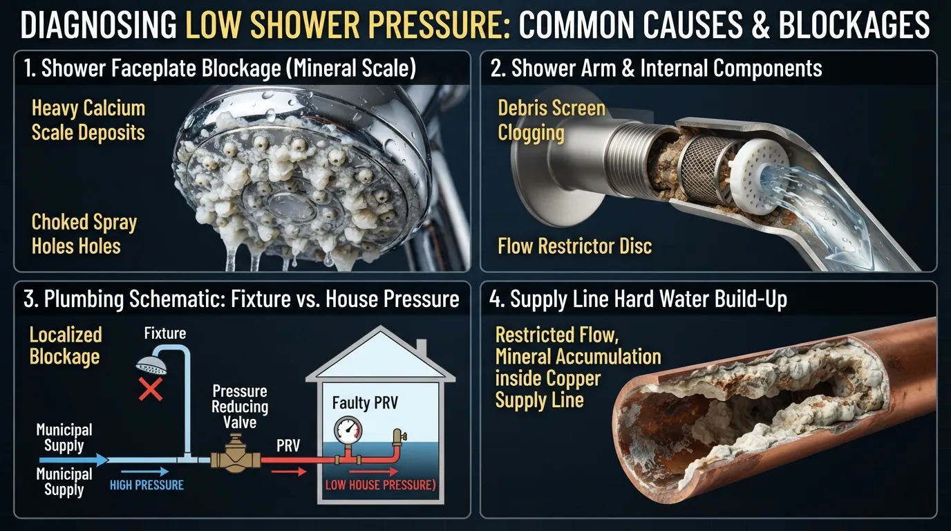 Infographic breakdown showing the main real causes of low shower pressure, including clogged faceplate nozzles, mineral scale accumulation, and internal flow restrictor blockages