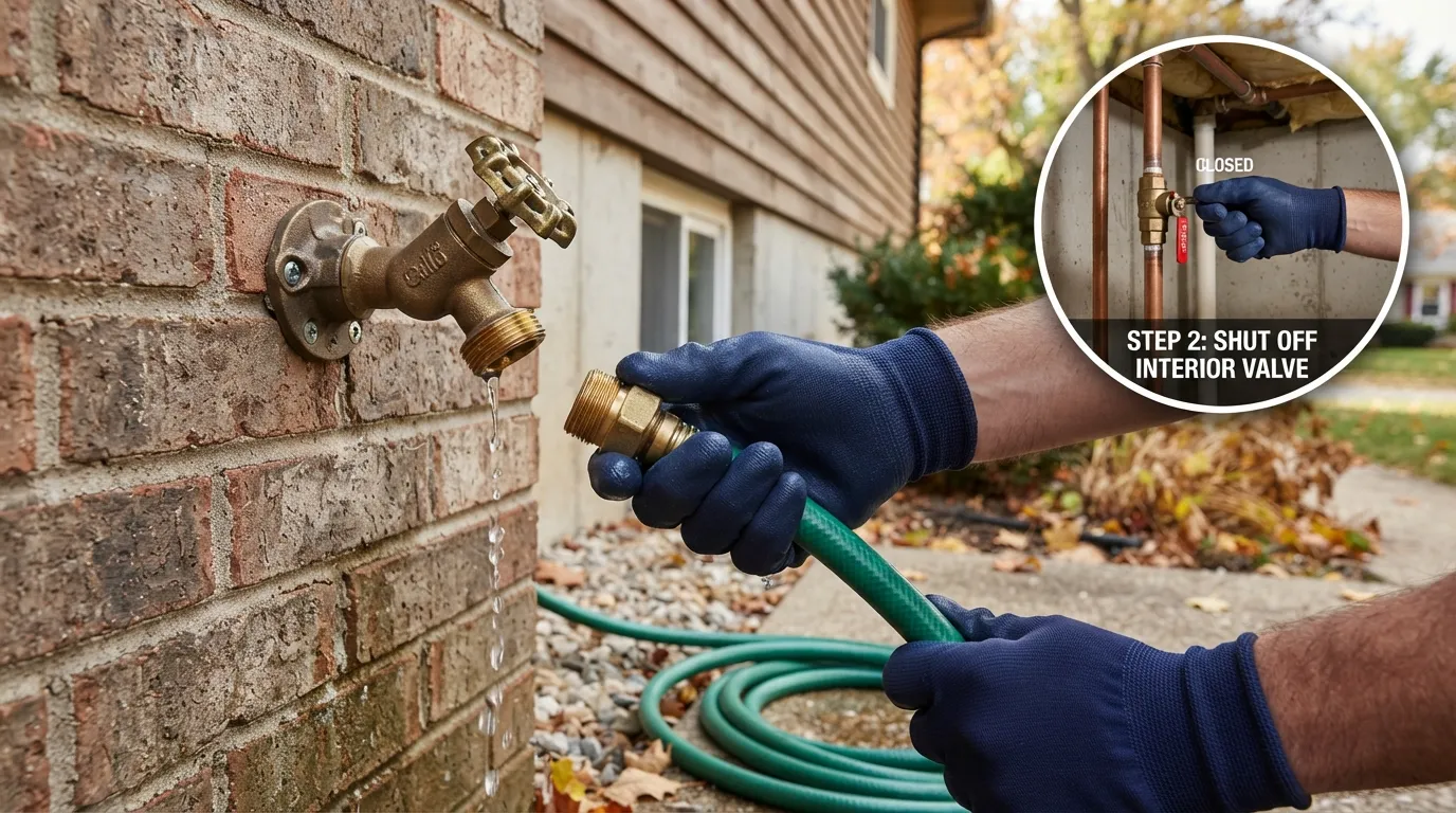 A close-up view of a person disconnecting a garden hose from an outdoor wall spigot in preparation for winter freeze protection.