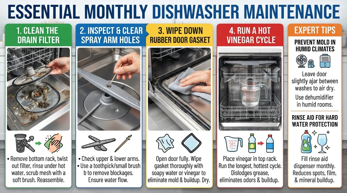 Step-by-step dishwasher maintenance checklist showing monthly filter cleaning, spray arm inspection, and door gasket care.