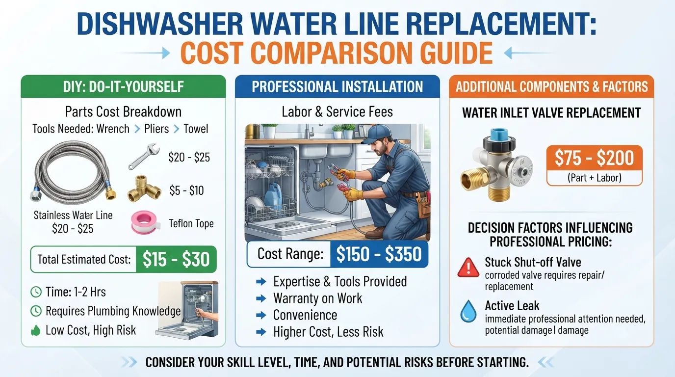 Infographic detailing dishwasher water line replacement costs comparing DIY parts versus professional plumber labor, service fees, and inlet valve repairs.