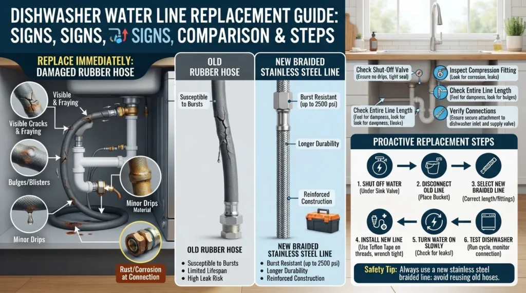 Close-up view of a braided stainless steel dishwasher water supply line and under-sink shut-off valve showing signs of wear and inspection.