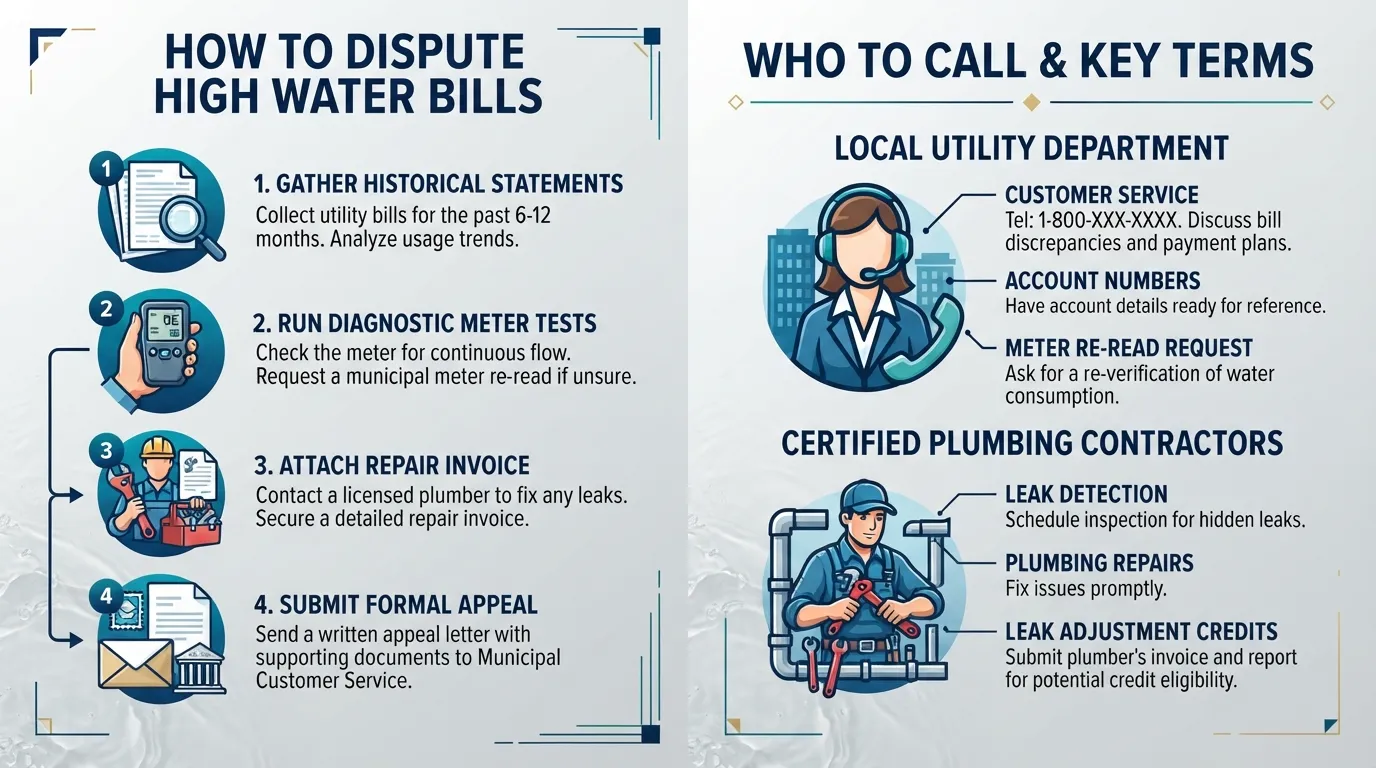 Close-up of a homeowner reviewing a utility bill with a water meter and telephone in the background to dispute high charges.