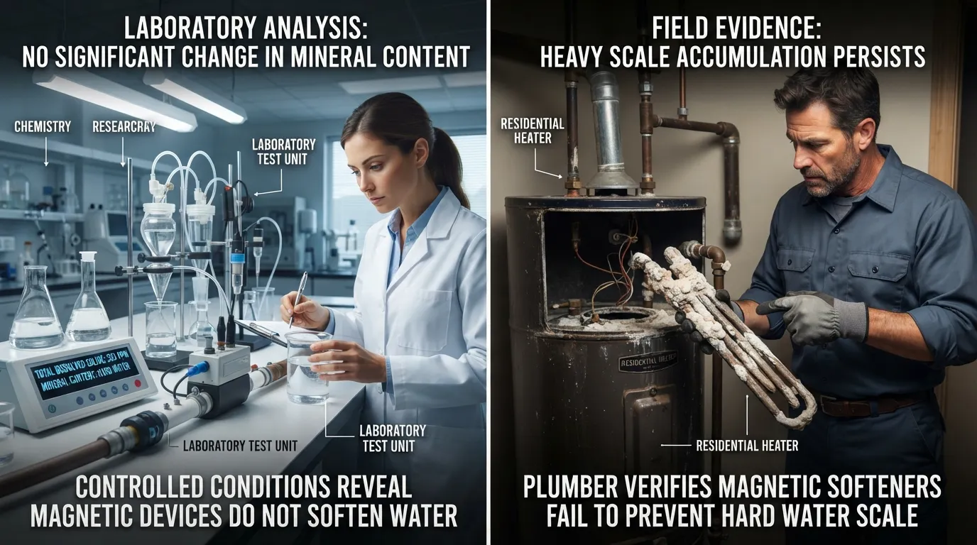 A side-by-side comparison illustrating scientific testing equipment and a plumber inspecting a scaled water heater element to evaluate magnetic water softeners.