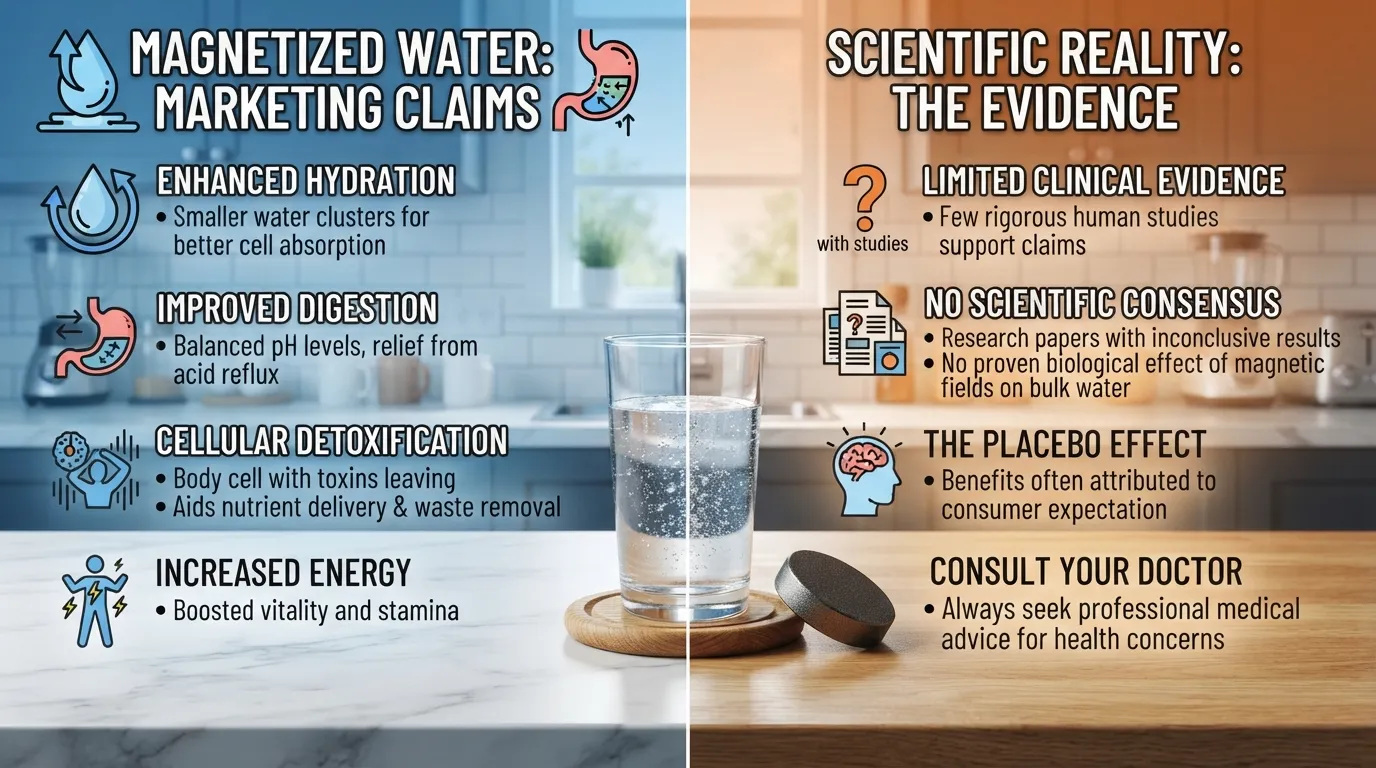 Glass of clean water next to a strong neodymium magnet representing magnetized drinking water wellness claims.