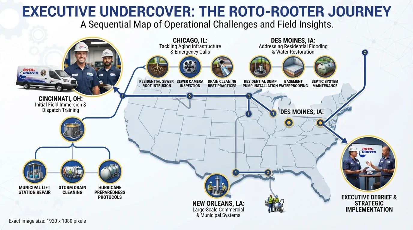 An infographic route map and timeline illustrating every city stop and branch location Rick Arquilla visited during his week undercover on Undercover Boss.
