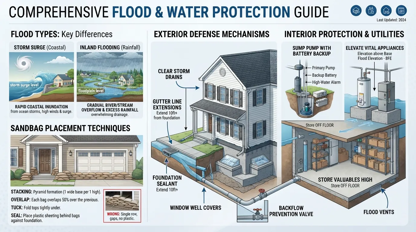 Homeowner inspecting exterior home drainage and foundation protection against flood and water damage before a hurricane.