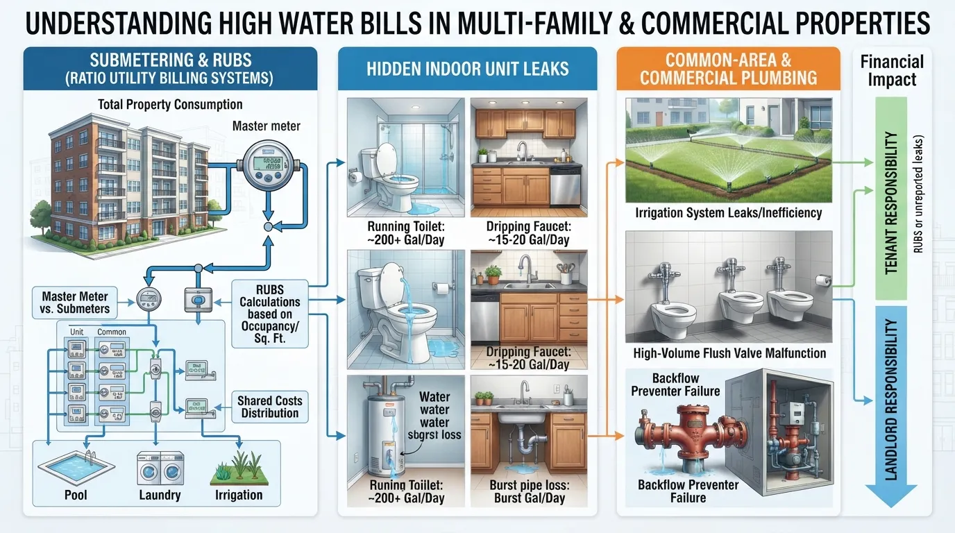 Commercial and multi-family apartment water meters showing submetering systems and utility billing structures.