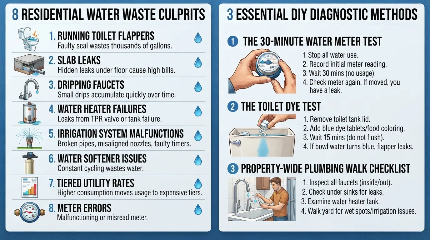 Comprehensive infographic detailing the 8 common causes of high water bills, 3 DIY leak tests, and professional plumbing solutions.