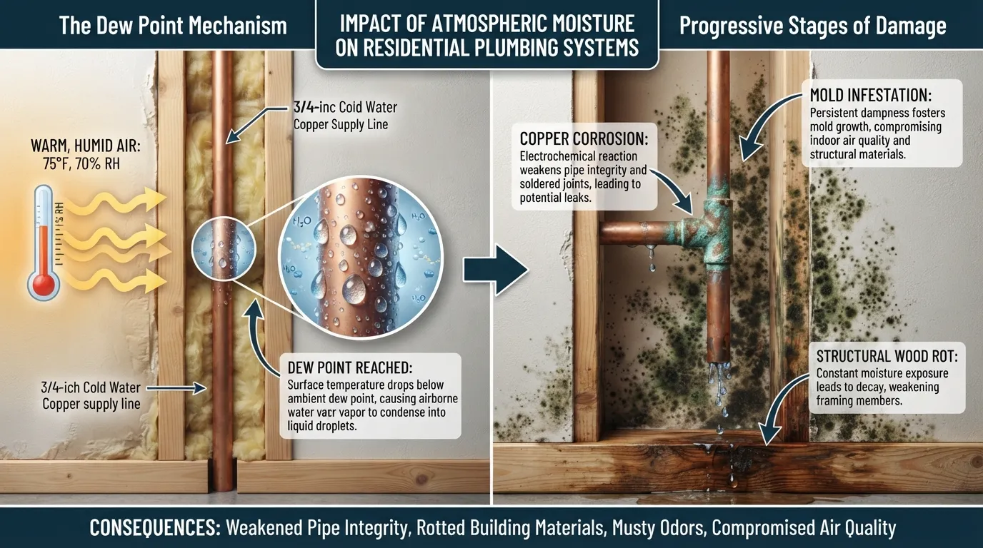 Close-up view of a copper water supply pipe covered in heavy condensation droplets and green corrosion oxidation in a humid home.