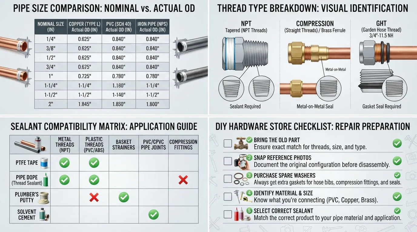 A detailed hardware store checklist and measurement guide showing copper pipe nominal sizes, thread type comparisons, and sealant selection charts for DIY plumbing.