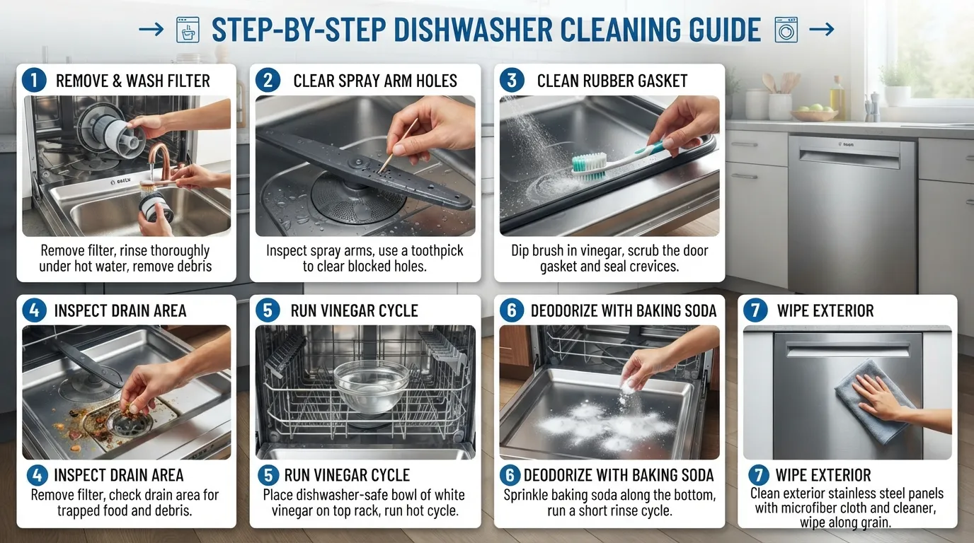 Hands removing and cleaning a dishwasher filter and spray arm during step-by-step maintenance