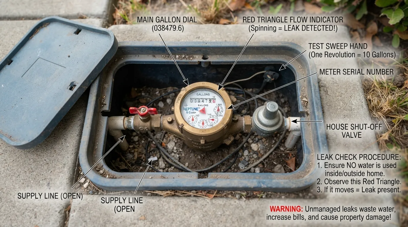 Close-up of a residential water meter showing the leak indicator dial and digital readout during a water meter test.