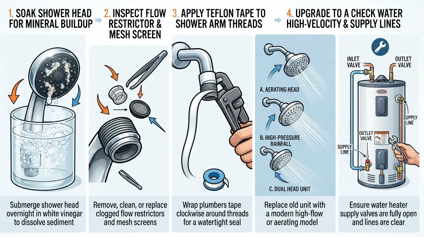 Infographic showing a step-by-step troubleshooting guide to fix low shower head water pressure, including cleaning nozzles, checking flow restrictors, and inspecting supply connections.