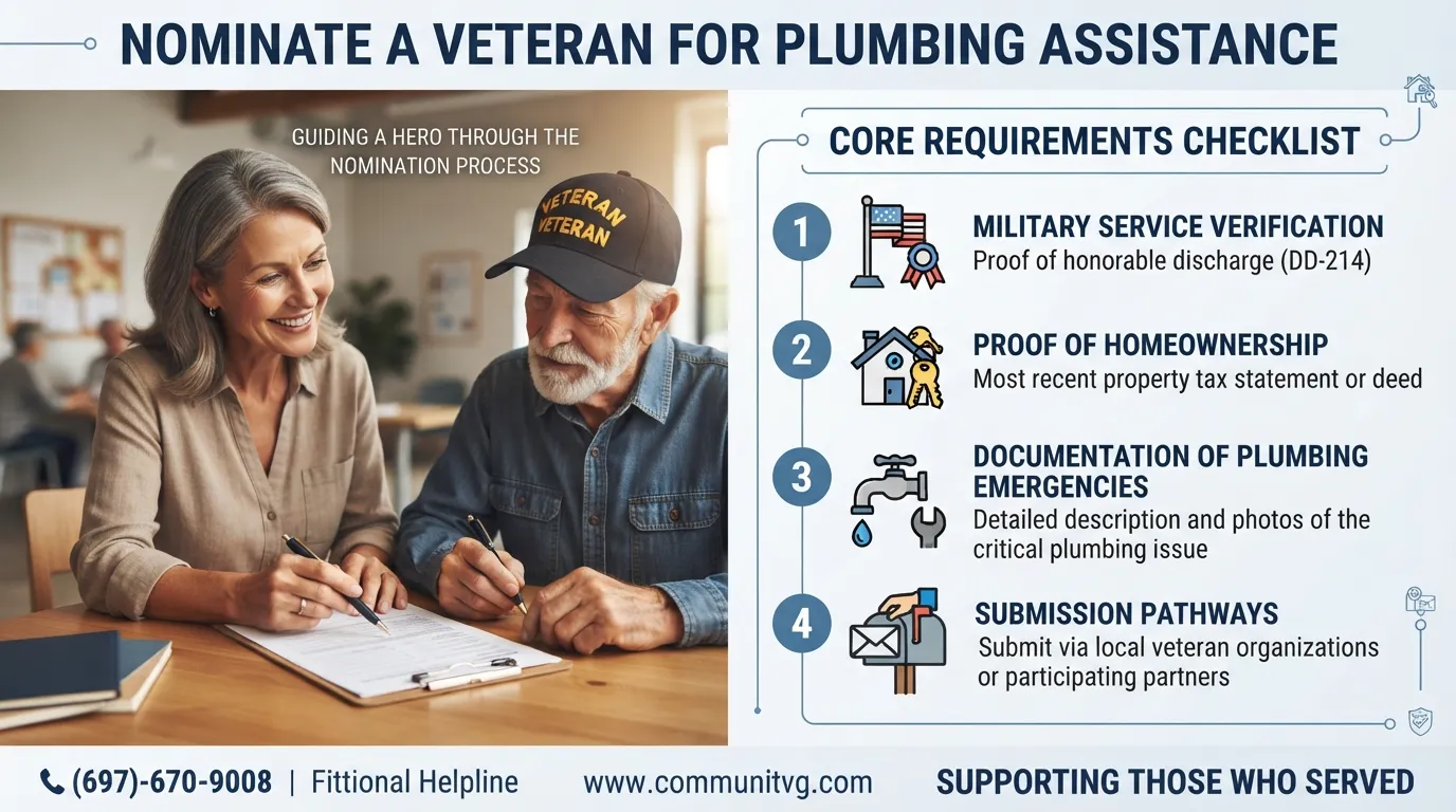 A community volunteer and a veteran reviewing a plumbing repair nomination application together at a table.