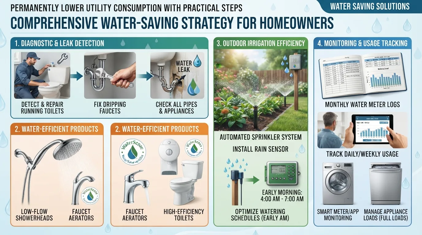 Infographic illustrating step-by-step methods to reduce high residential water bills, including fixing leaks, upgrading to water-efficient fixtures, and optimizing lawn irrigation.