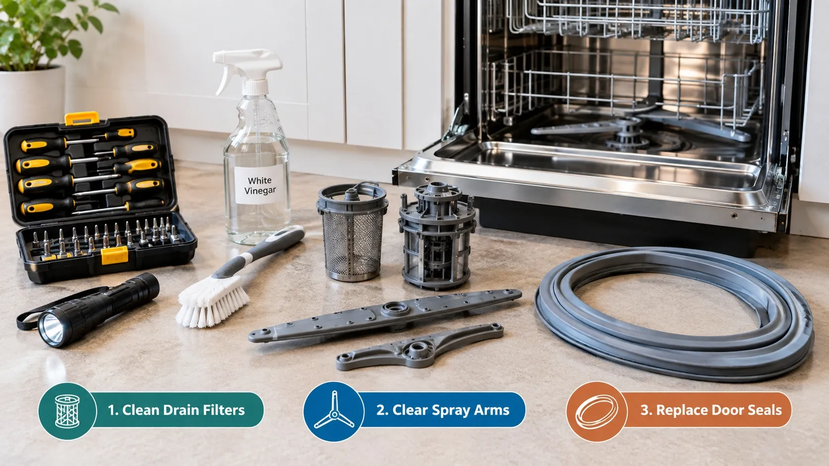 Flat lay view of DIY dishwasher repair tools including screwdrivers, a flashlight, and a cleaning brush laid out next to an open dishwasher tub.