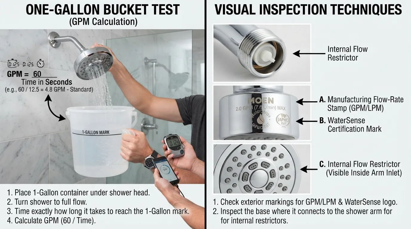 A person performing the one-gallon bucket test under a shower head with a stopwatch to measure gallons per minute and determine if it is low-flow.