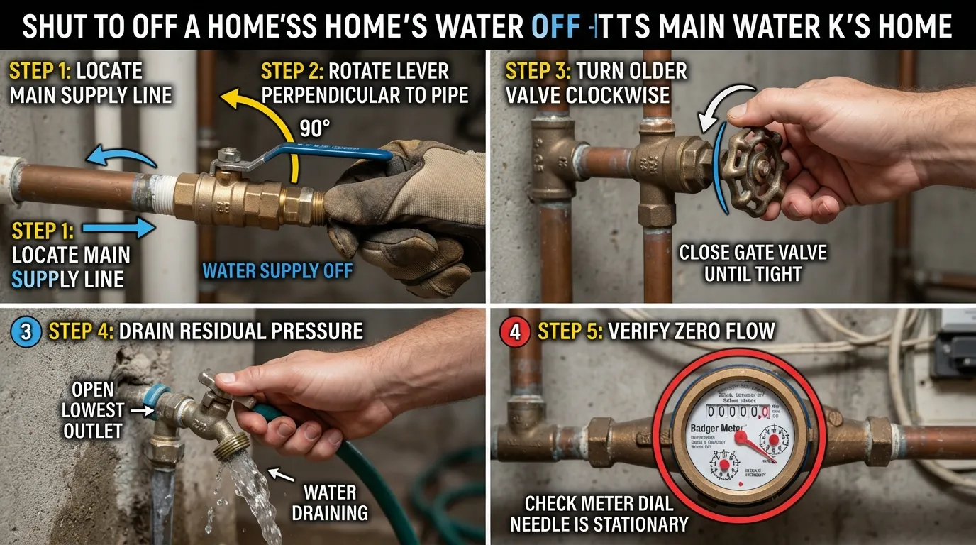 Hands demonstrating how to turn off a main water shut-off valve by rotating a lever handle 90 degrees perpendicular to the supply pipe.