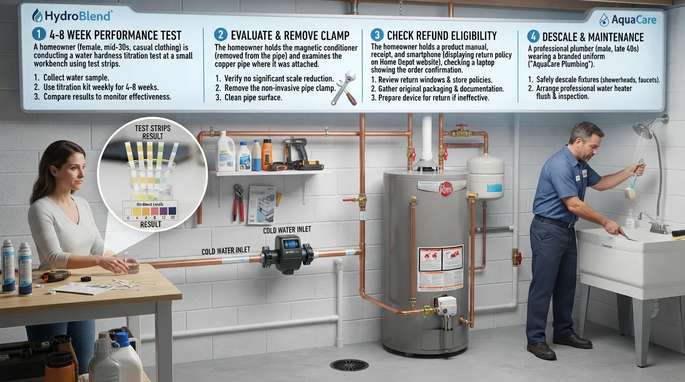 Homeowner checking water hardness test strips and testing water next to a magnetic pipe descaler installed on a copper water supply pipe.