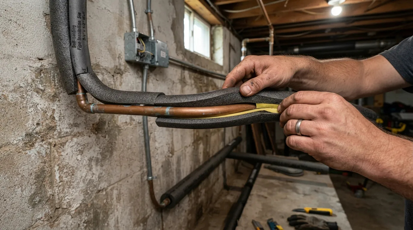 A person wrapping foam pipe insulation around an exposed copper water pipe in a basement to protect against freezing temperatures.