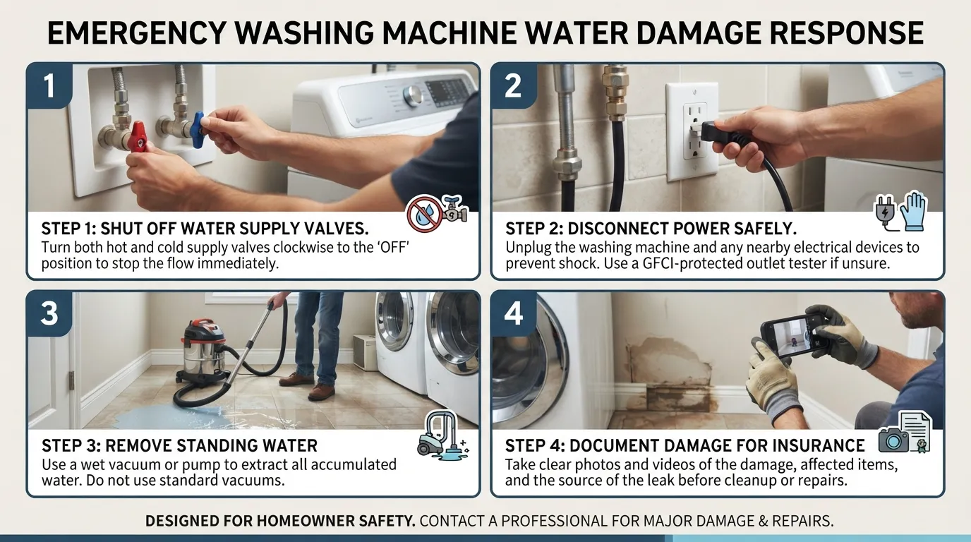 Step-by-step emergency response guide showing how to shut off water supply valves during a washing machine hose burst or overflow.