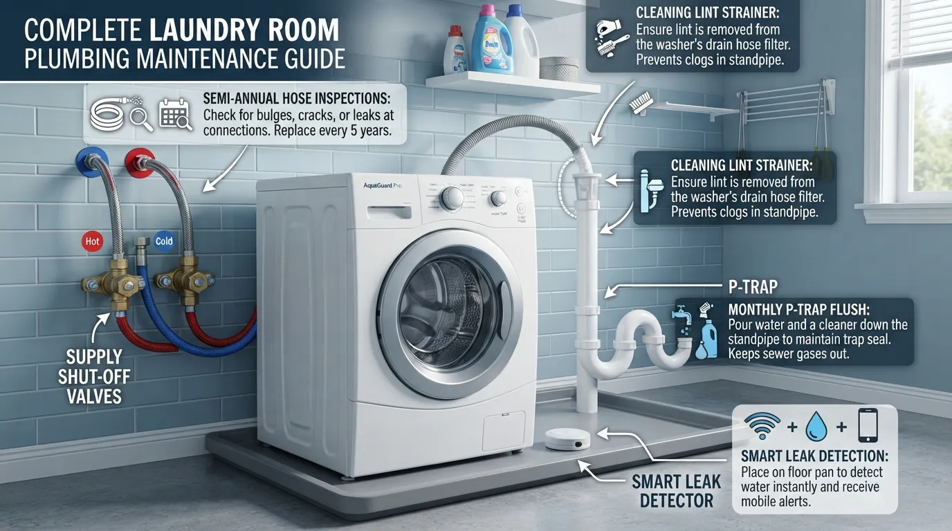 Comprehensive laundry room plumbing maintenance checklist showing washer hoses, standpipe, and shut-off valves