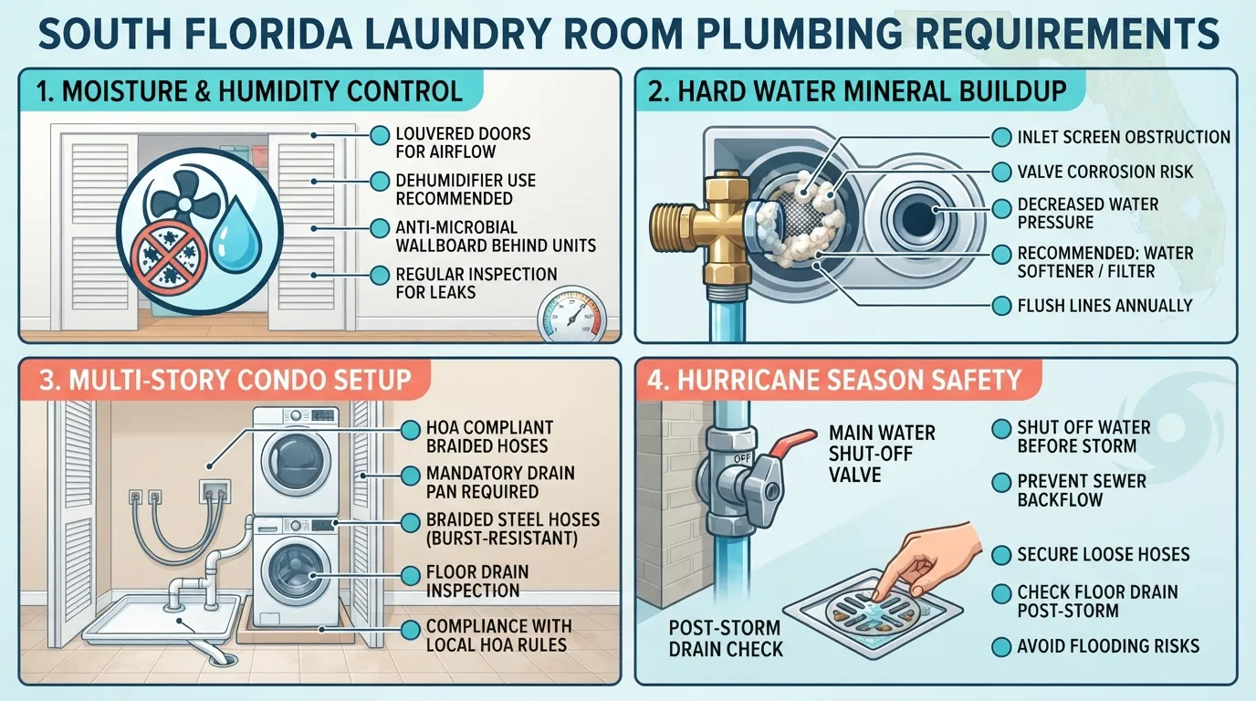 A washing machine setup in a South Florida laundry room showing stainless steel braided hoses, a drain pan, and a wall-mounted outlet box.
