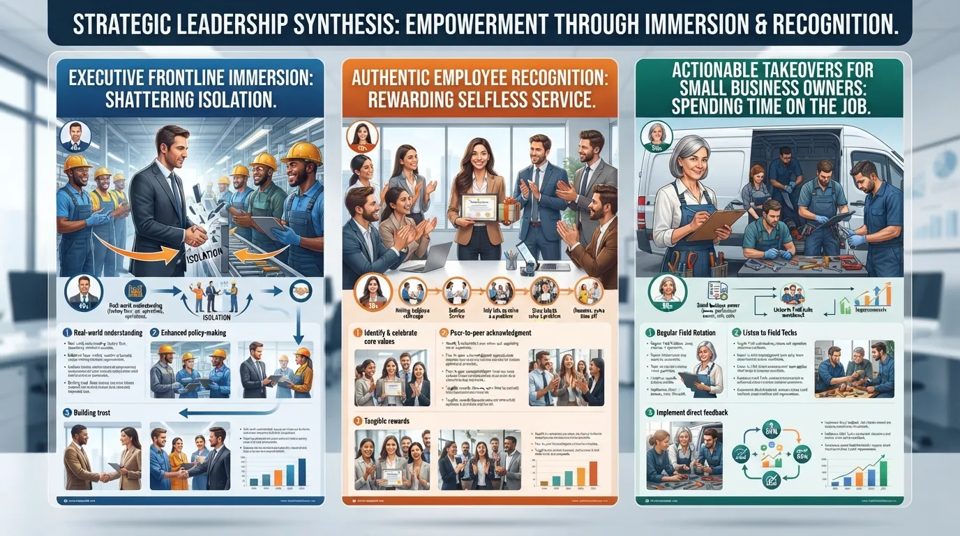 An infographic detailing leadership lessons, frontline empathy, and employee recognition strategies inspired by the Roto-Rooter episode of Undercover Boss.