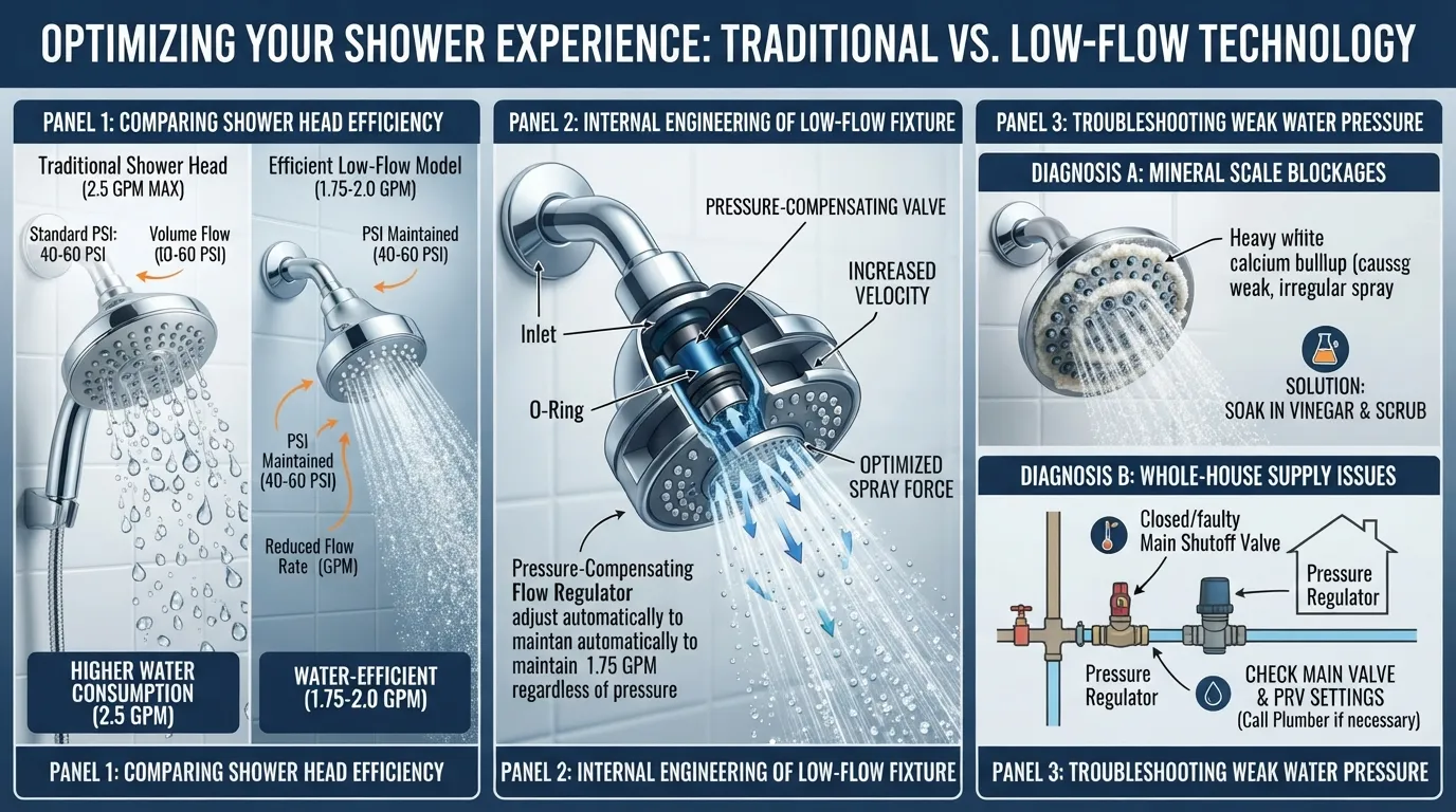 An infographic comparing low-flow and standard shower heads, illustrating water volume in GPM, internal aerator and flow restrictor mechanics, and how water pressure remains unaffected.