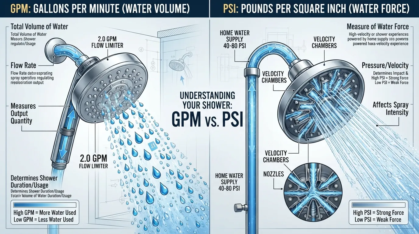Infographic diagram explaining the difference between water volume (GPM) and water pressure (PSI) for low-flow shower heads.