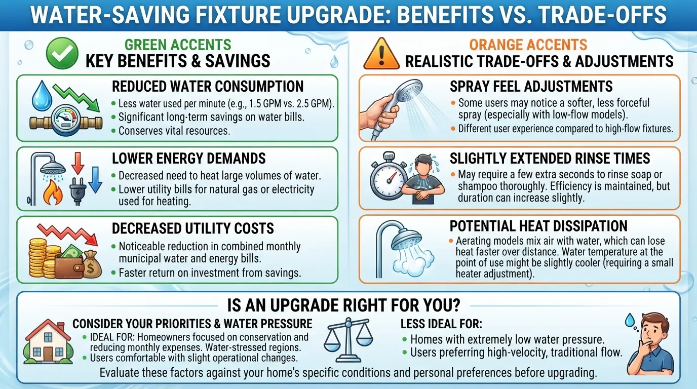 Comparative infographic showing the financial and environmental benefits versus comfort trade-offs of using a low-flow shower head.