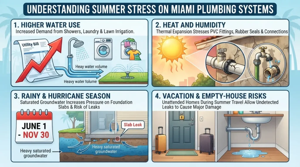 An infographic illustrating why Miami summer weather, heavy water usage, and rainy seasons strain residential plumbing systems.