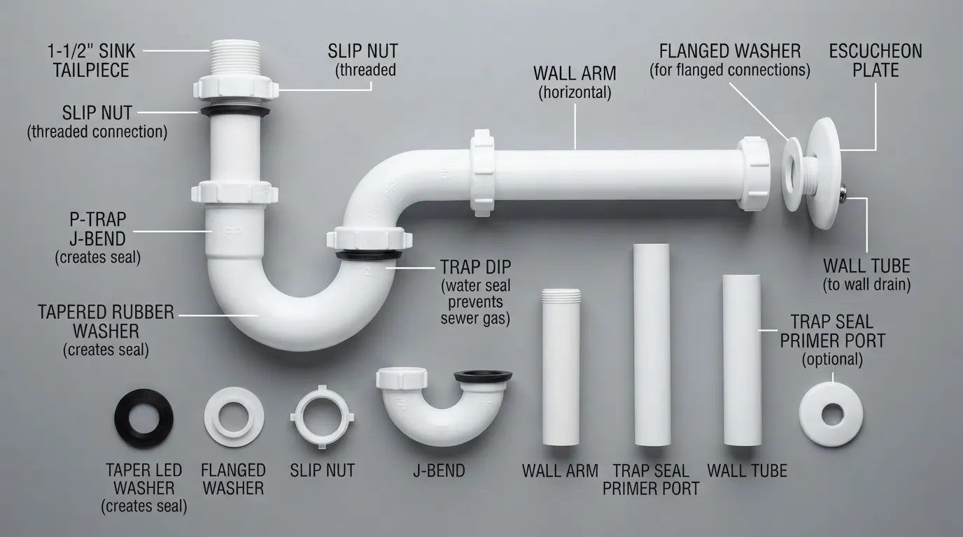 Overhead view of a disassembled plastic P-trap, slip nuts, tailpiece, and rubber washers arranged on a clean workbench to show how sink drain components fit together.