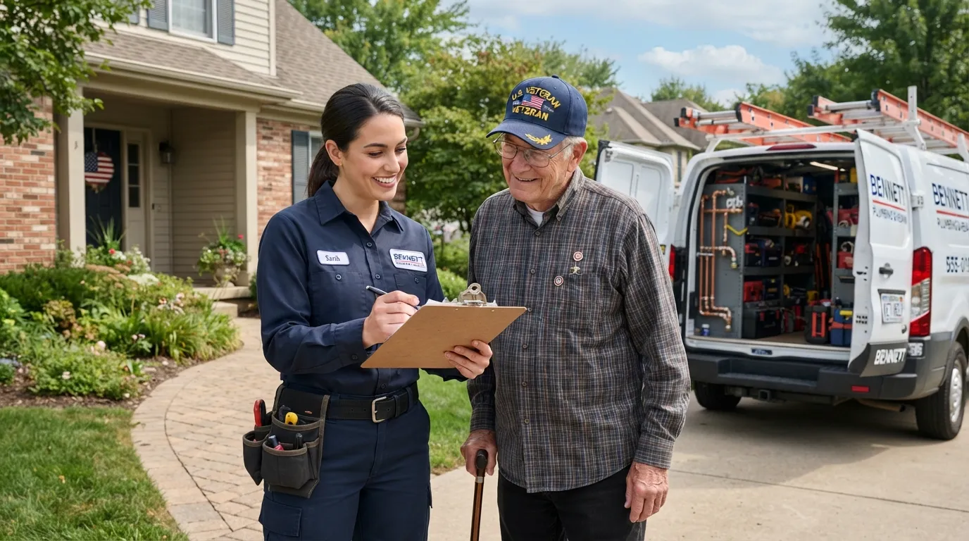 A local plumber and a veteran smiling together while discussing home plumbing repairs in front of a service vehicle.