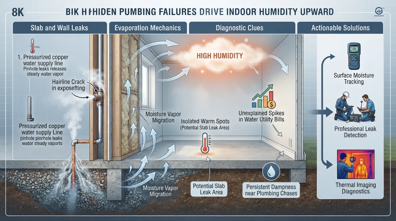 Diagnostic view of plumbing leaks causing high indoor humidity and moisture buildup behind home walls