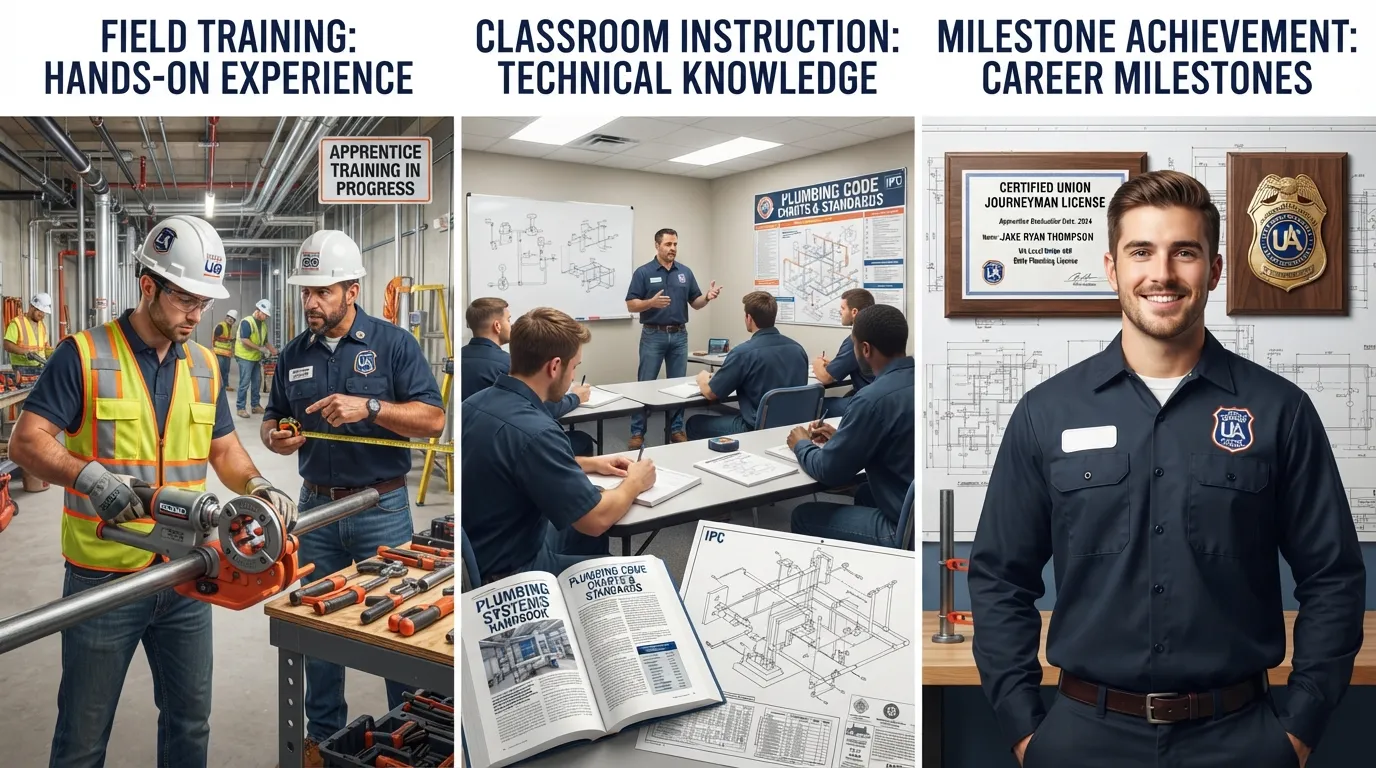 Professional infograph or photo layout illustrating a plumbing union apprenticeship career path, featuring on-the-job training, classroom instruction, and journeyman certification stages.