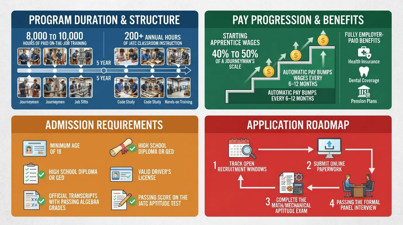 Infographic detailing a plumbing union apprenticeship program, displaying 5-year timeline, pay progression tiers, weekly work and study hours, entry criteria, and application steps.
