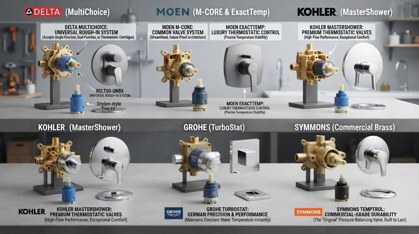 Side-by-side display of major shower valve brands including Delta, Moen, Kohler, Grohe, and Symmons rough-in bodies and cartridges.