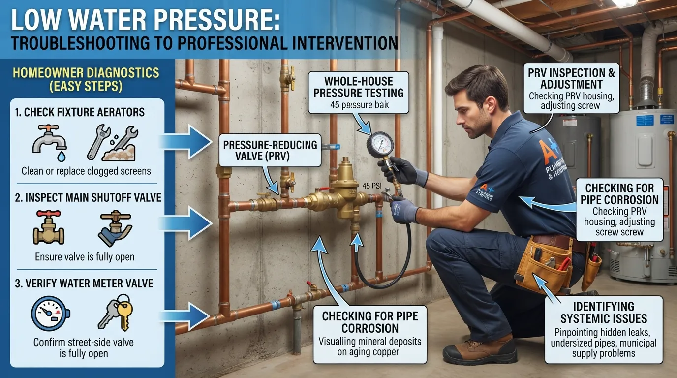 A licensed plumber in uniform using diagnostic tools to check household water supply lines and pressure regulators under a sink.