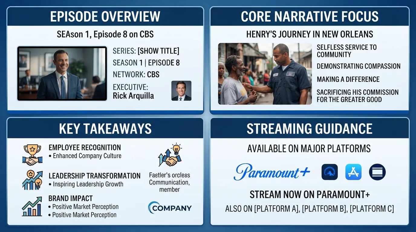 A comprehensive overview graphic detailing the Roto-Rooter Undercover Boss episode, featuring executive Rick Arquilla and frontline hero Henry.