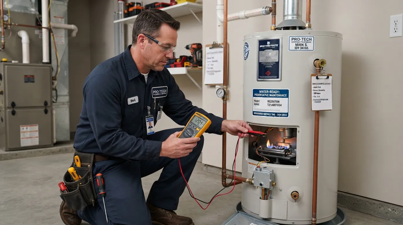 A professional technician inspecting and servicing a residential water heater in a basement before winter demand peak.