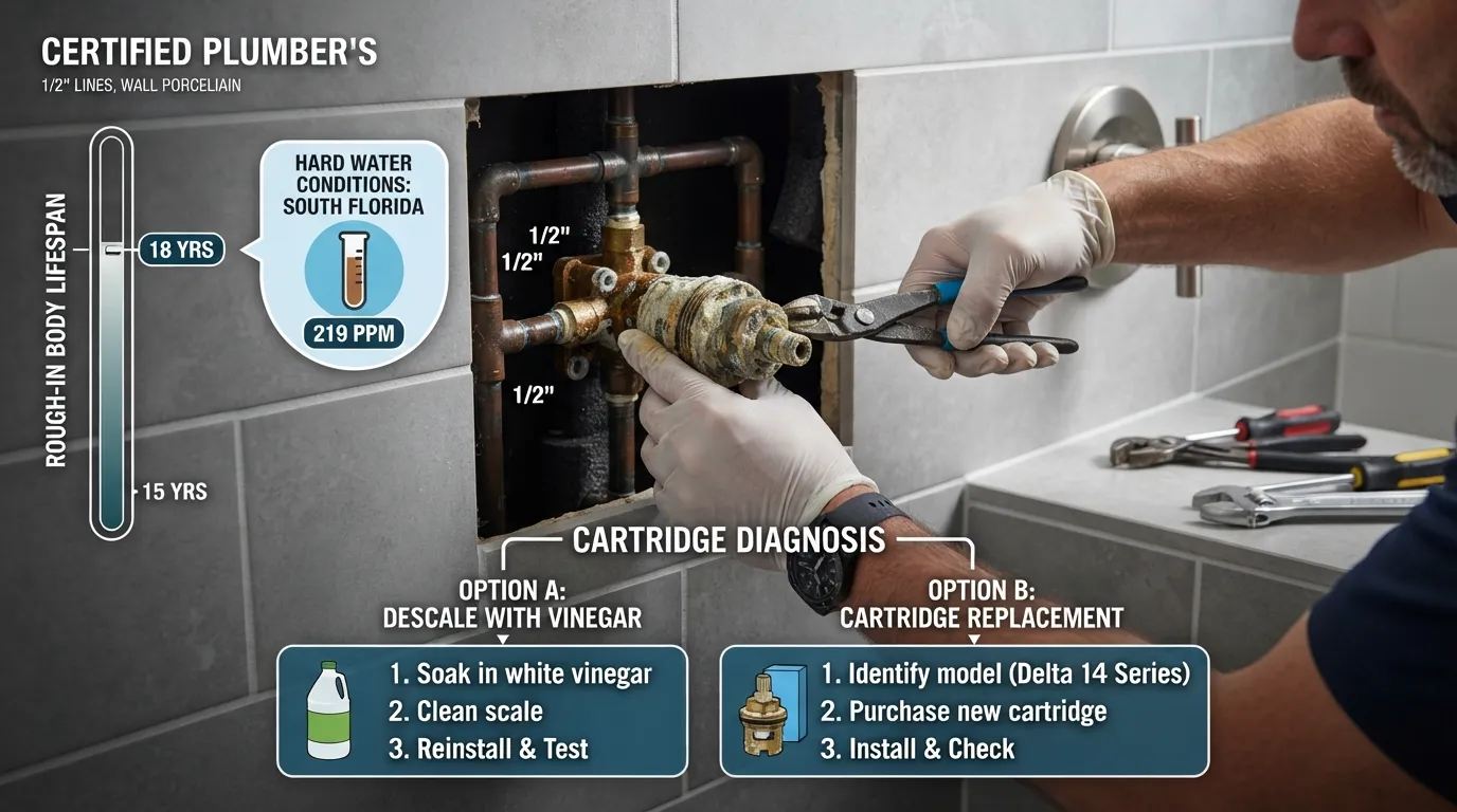 Close-up of a professional plumber servicing a corroded shower valve cartridge to demonstrate hard water maintenance and lifespan factors.
