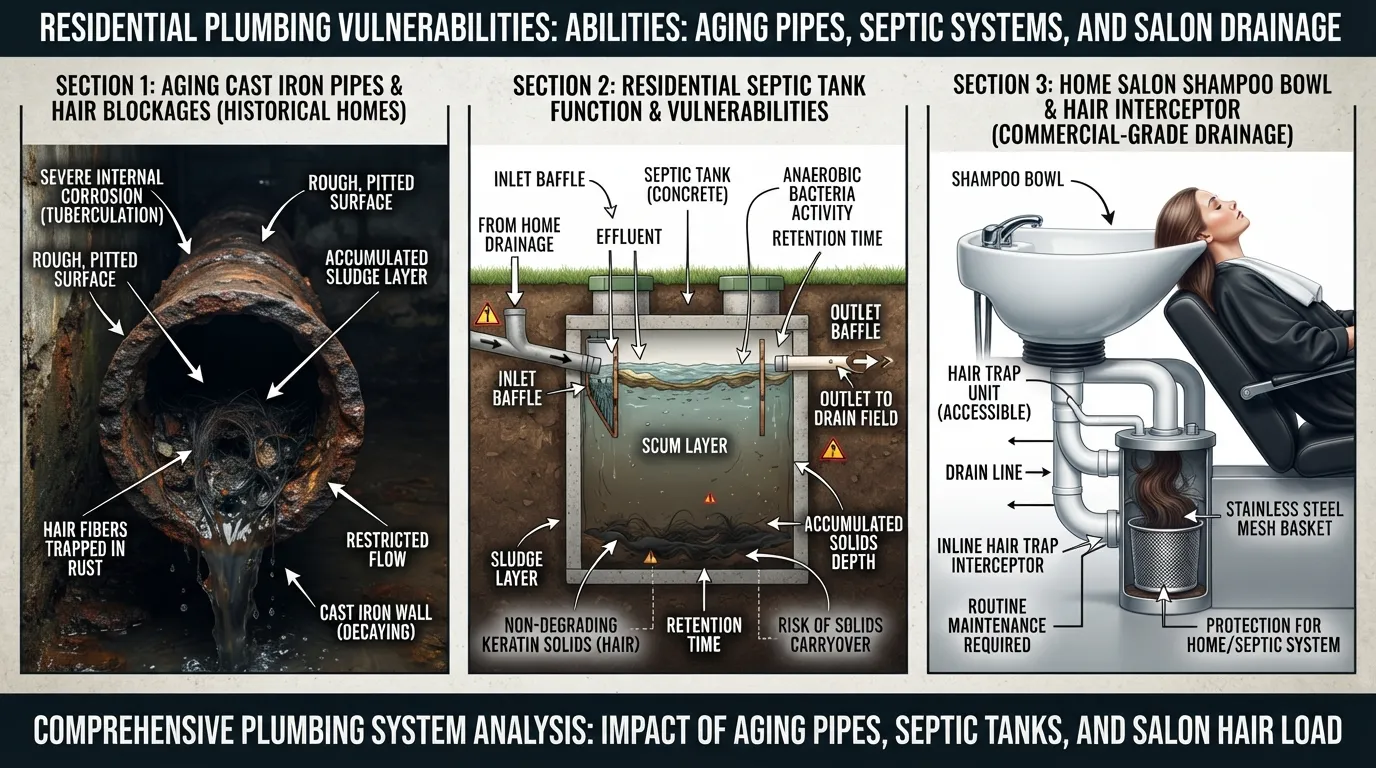 Plumber inspecting aging corroded pipes, a septic tank diagram, and a home hair salon washing station representing special plumbing challenges.