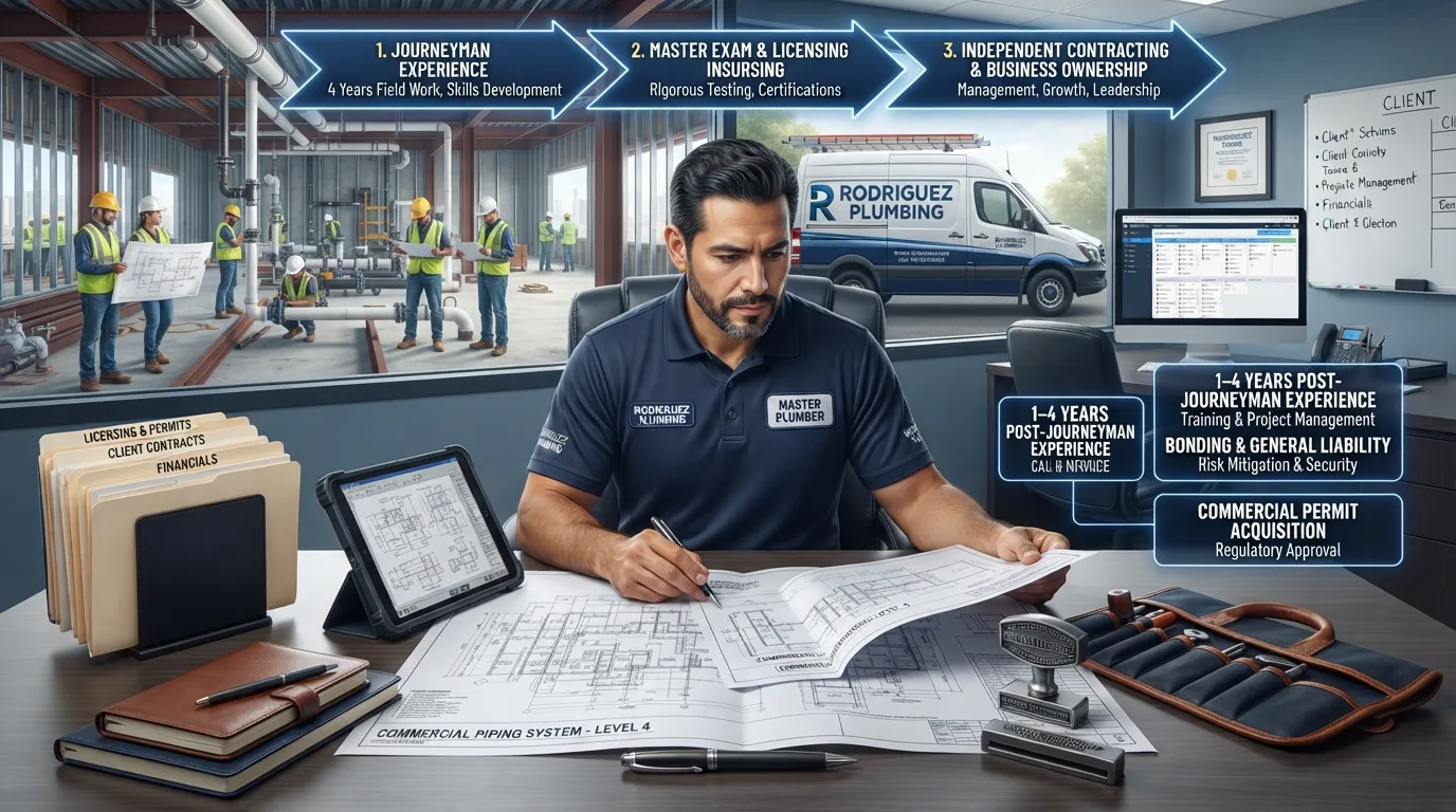 Professional journeyman plumber reviewing advanced blueprints and managing commercial contracting tools to transition into a master plumber and business owner.