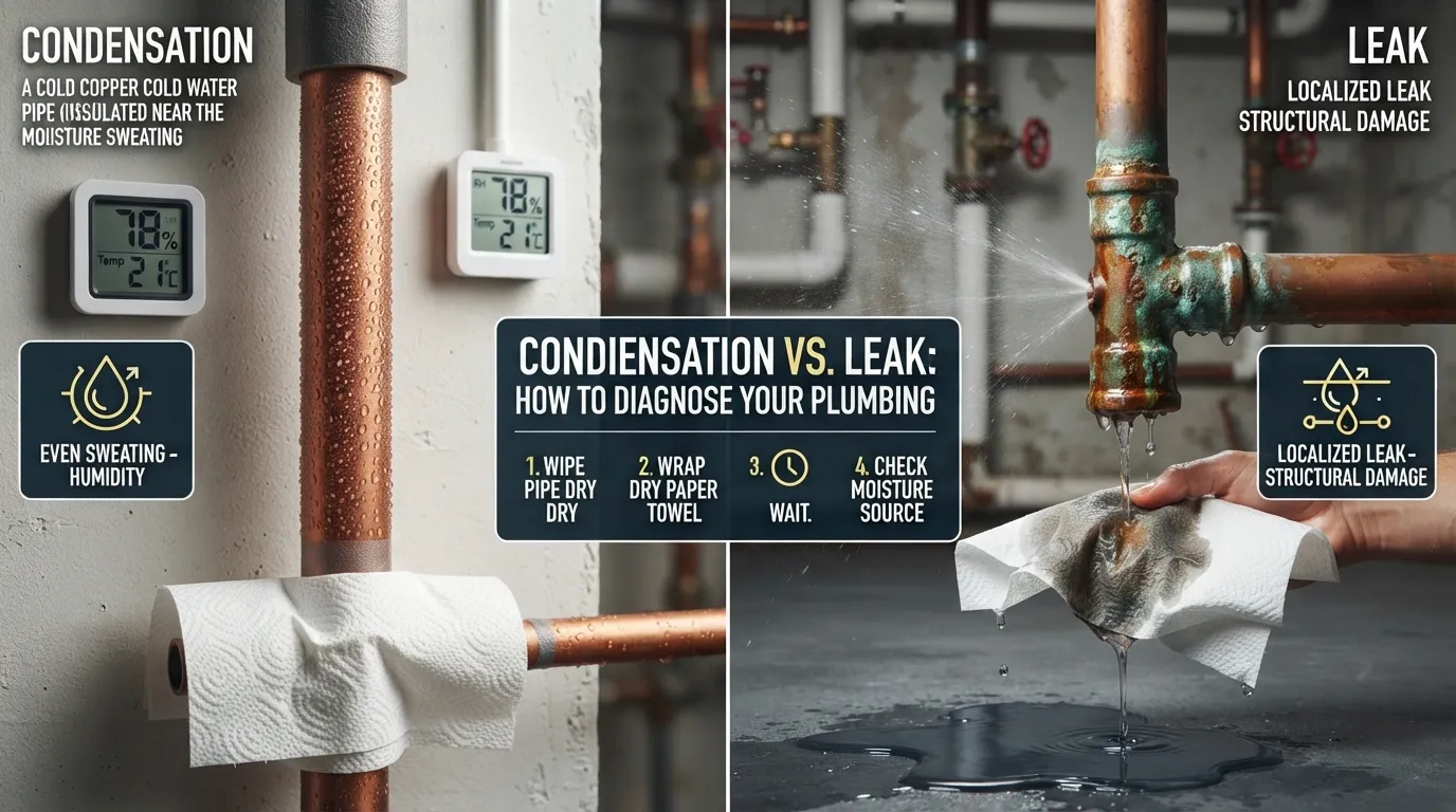 Close-up comparison of a copper water supply pipe covered in uniform condensation beads next to a pipe with a localized pinhole leak and pooling water.