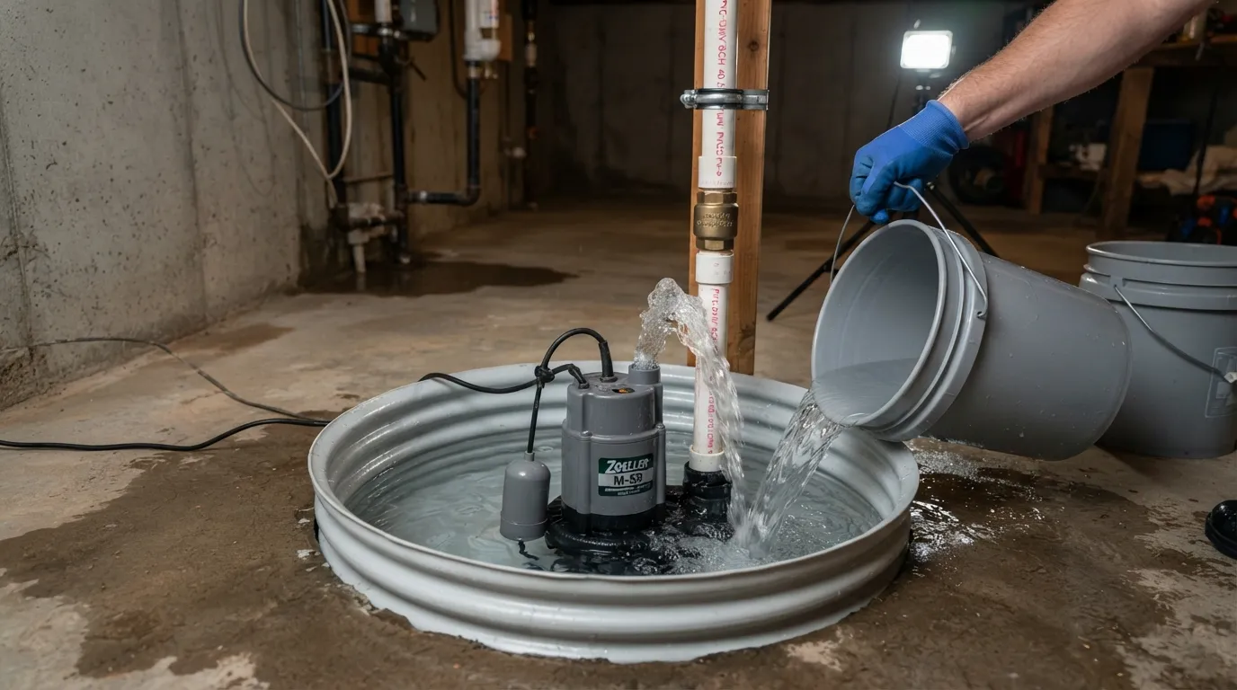 A homeowner testing a residential sump pump in a basement utility basin to ensure proper drainage and prevent water damage.